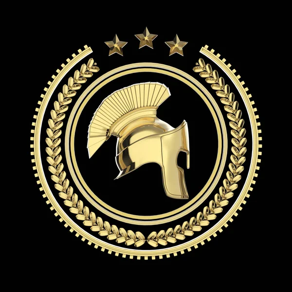Hoher detaillierter spartanischer, römischer, griechischer Helm mit Lorbeerkranzabzeichen mit Ringen und Sternen. Sport militärische Kampfsymbol, Rendering isoliert auf schwarzem Hintergrund. — Stockfoto
