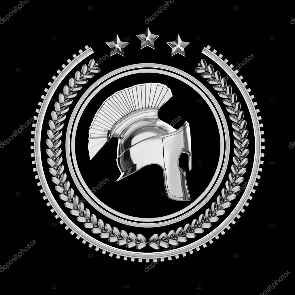 High detailed spartan, roman, greek helmet in laurel wreath badge with rings and stars. sports military fighting badge icon, 3d rendering isolated on black background.