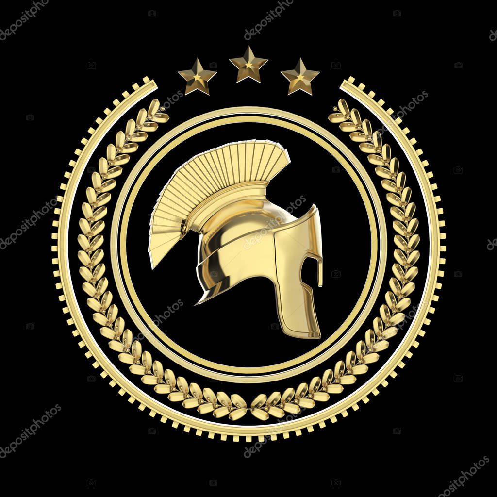 High detailed spartan, roman, greek helmet in laurel wreath badge with rings and stars. sports military fighting badge icon, 3d rendering isolated on black background.