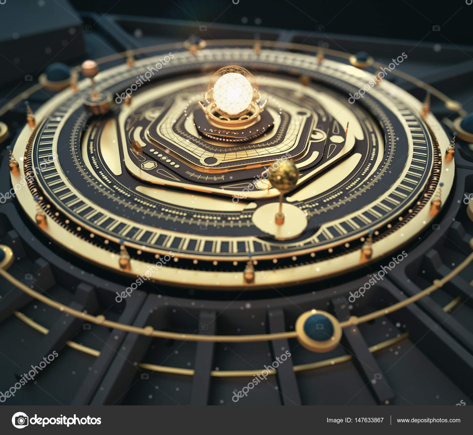 Ilustración fantasía dieselpunk sistema solar modelo astrolabio