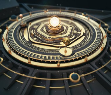 illustration fantasy dieselpunk solar system model astrolabe Steampunk Background. Quality 3D render clipart