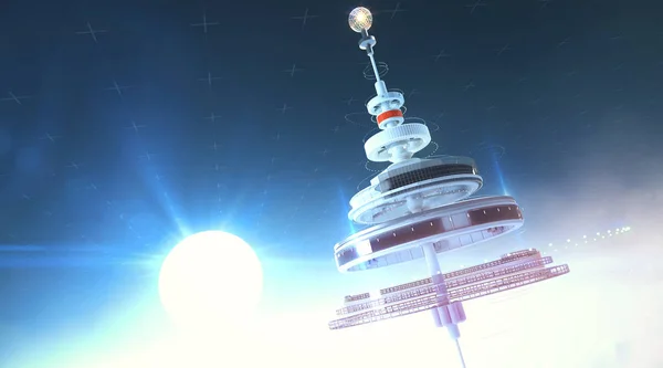 Futristic διαστημικός σταθμός που επιπλέει στην ατμόσφαιρα κατά την Ανατολή του ήλιου. 3D καθιστούν φόντο εικόνα — Φωτογραφία Αρχείου