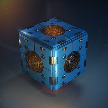 soyut techno küp nesne. parlak cilalı ayrıntı clockwork Center'da mavi metal kutusu her yüz. dieselpunk 3d render