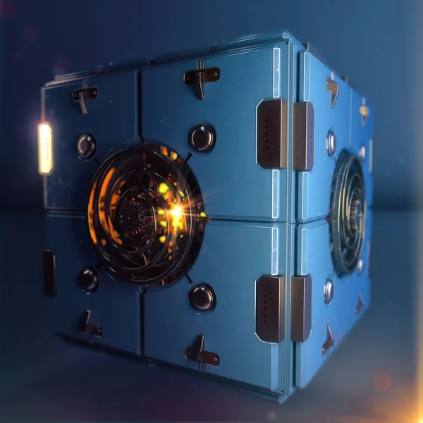 Objeto techno hypercube abstracto. caja de metal azul con brillante pulido detalle relojería en el centro de cada cara. renderizado 3d dieselpunk —  Fotos de Stock