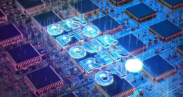 Computer Circuit Board with muliple asic chips and cryptocurrency word. Blockchain Cryptocurrency Mining Concept. 3D render Illustration. — Stock Photo, Image