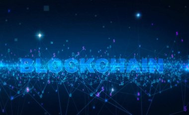 kelime blockchain Fintech teknoloji ve Blockchain ağ kavramı, dağıtılmış genel muhasebe teknoloji, dağıtılmış bağlantı atom ikili rakamlar ve para birimi simgelerini ve metin mavi arka plan 3d rende ile