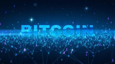 kelime bitcoin Fintech teknoloji ve Blockchain ağ kavramı, dağıtılmış genel muhasebe teknoloji, dağıtılmış bağlantı atom ikili rakamlar ve para birimi simgelerini ve metin mavi arka plan 3d renderin