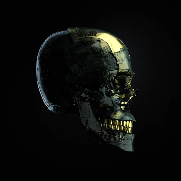 机器人机器人头骨与黑色背景，3d 渲染一个孤立的黑暗的表面和金色光泽元素侧 wiev — 图库照片