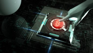 beyaz el soyut sanal teknoloji arka planda ICO başlatmak kırmızı düğmeye bas. ilk madeni para teklif 3d render konsept illüstrasyon