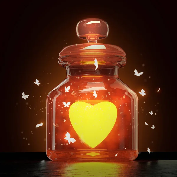 輝く心と暗い背景に飛び回る蝶の魔法でガラスの瓶バレンタインデーのロマンス愛概念 3 d レンダリング図 — ストック写真