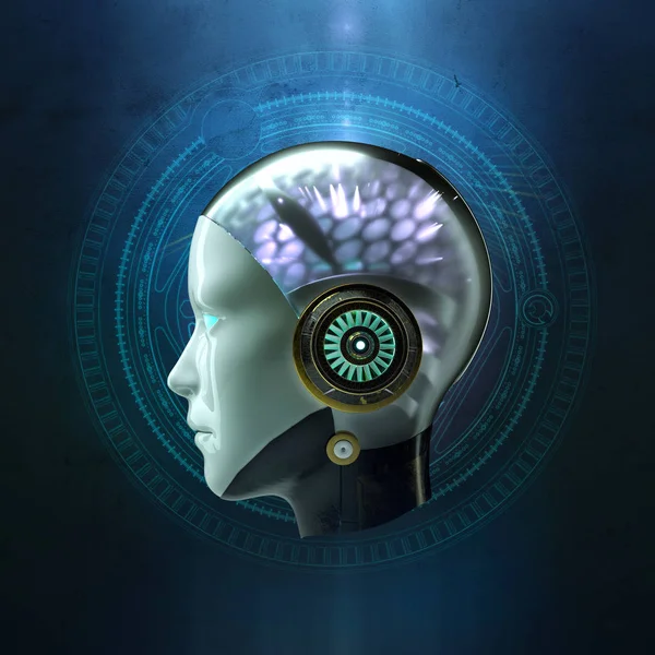 Representación en 3D de la cabeza de un robot femenino con brillante inteligencia artificial de alta tecnología ai cerebro cibernético sobre fondo oscuro. concepto de red neuronal 3d render — Foto de Stock