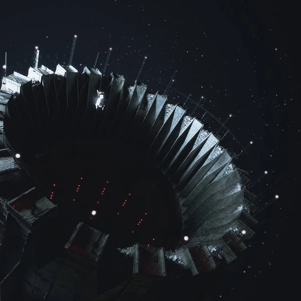 Grand quai d'ouverture de la station spatiale dans l'espace sombre avec une petite figure d'astronaute cosmonaute flottant à l'intérieur en gravité nulle. Illustration de concept rendu 3d — Photo