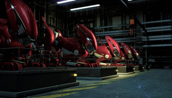 Een serie rij van grote rode robots in de kracht van een neerslag op sokkels in de werkvloer in de nacht. Sci-Fi futuristische industrie productie 3d render — Stockfoto