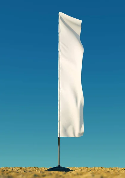3d 渲染的样板空白的白色空的沙滩旗, 对一个晴朗的天空背景。标志为事件, 党. — 图库照片