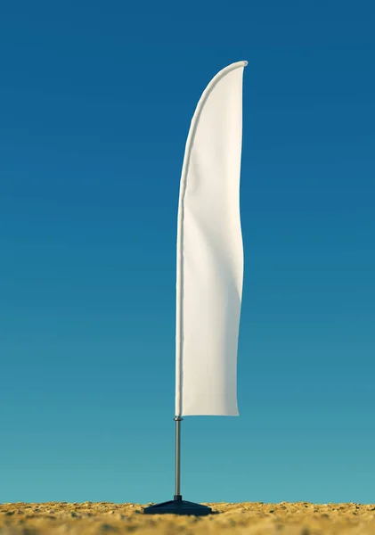 3d rendu gabarit blanc maquette de drapeaux de plage vides blancs sur un fond de ciel clair. drapeaux pour événements, fêtes . — Photo