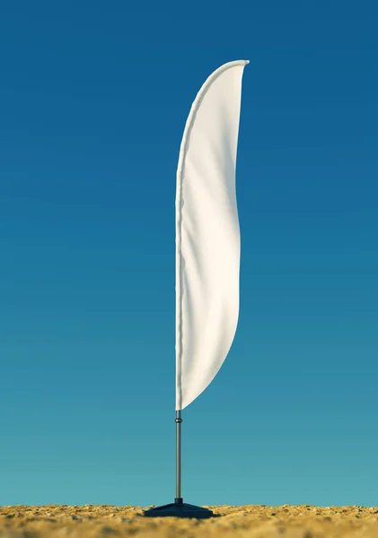 Bir açık gökyüzü arka plan beyaz boş plaj bayrakları 3D render mockup boş şablon. olaylar, partiler için bayrakları. — Stok fotoğraf