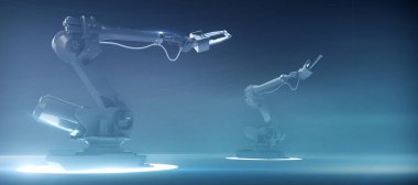 Yüksek teknoloji mavi arka planda iki fütüristik robotik endüstriyel kol manipülatörü, gelecekteki endüstri konsepti, yüksek teknoloji, makine öğrenme ileri teknoloji yeniliği, 3D görüntüleme.
