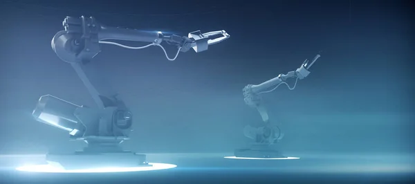 Zwei futuristische industrielle Roboterarm-Manipulatoren auf blauem Hi-Tech-Hintergrund, Konzept der zukünftigen Industrie, Hightech, maschinelles Lernen fortschrittliche technologische Innovation, 3D-Rendering. lizenzfreie Stockbilder