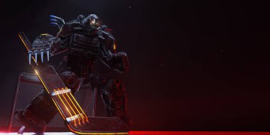 Hokey kalecisi cyborg metal agresif duruş kırmızı makine alev metal çiviler ve koyu arkaplanda kıvılcımlar. sert hokey oyunu poster şablonu ile kopyalama alanı 3D görüntüleme.