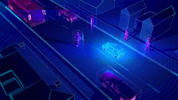 Blauer fahrerloser Transport auf der Straße mit anderen Autos und Objekten, die von vehichle ai computer vision 3d rekodiert werden, machen künstliche Unaufmerksamkeit getriebenes maschinelles Bilderkennungskonzept Stockfoto