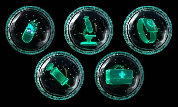 Set von fünf medizinischen Bio-Tech-Symbole in shpe von milecula, Zelle, digitales Konzept von fitire helthcare Medizin medica Gadgets 3d redner. — Stockfoto