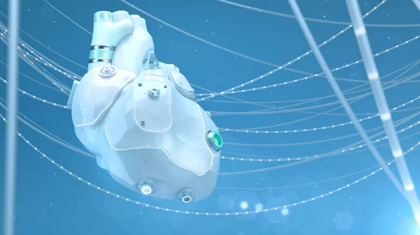 Künstliches Roboter-internes Organ - weißes Silikon menschliches Ersatzherz mit glühenden Teilen und Drähten. Biotechnologie, Medizintechnik Langlebigkeitskonzept 3D-Illustration. lizenzfreie Stockfotos