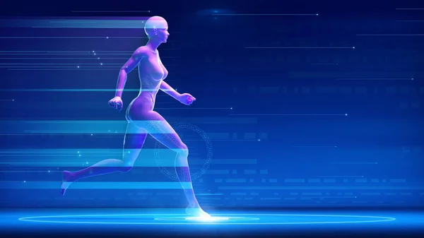 Sportlerin fit Frau läuft schnell mit futuristischem Hologramm-Effekt auf blauem abstrakten Hintergrund. mit Kopierraum. Trackerlauf, Gesundheit, Fitness, Training, Lebensstil, Geschwindigkeit 3D-Darstellung Stockbild