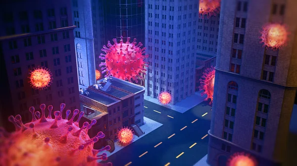 Rendering 3D, cząsteczka wirusa nad miastem na ulicach. Niebezpieczeństwo Pandemia kwarantanna społeczna dystansująca koncepcję choroby autoizolacyjnej — Zdjęcie stockowe
