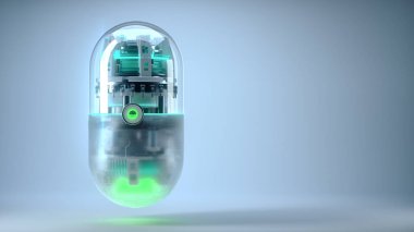 Nano teknolojili gelecekteki tıp ve biyomühendislik kapsülü, hastalıkların tedavisinde kullanılan nano-robot teknolojisinin tıbbi sembolü ve insan yaşamını uzatan nöral ağlar ve engelleme zinciri.