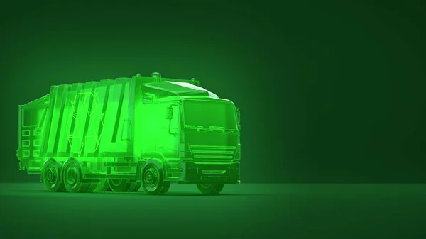 Transluzent leuchtend grüner Müllwagen mit Recycling-Symbol auf grünem Hintergrund. Konzept der ökologischen Deponiebetriebe recyceln umweltfreundliche Umwelt 3d rendern. Stockbild