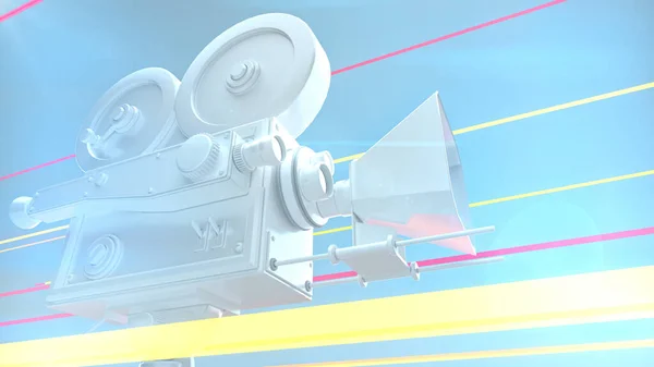 Dinamik ışık huzmesi renk arkaplanındaki klasik retro film kamerası. Çevrimiçi sinema filmi kiralama servisi afişi 3D. — Stok fotoğraf