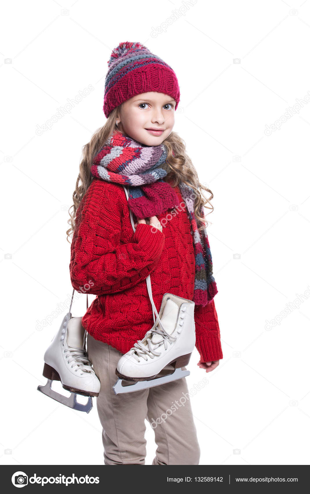 Cute Smiling Little Girl With Curly Hairstyle Wearing Knitted