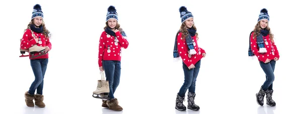 Niña bastante sonriente con peinado rizado con suéter de punto, bufanda y sombrero con patines aislados sobre fondo blanco. Ropa de invierno y concepto deportivo. Imagen compuesta . —  Fotos de Stock