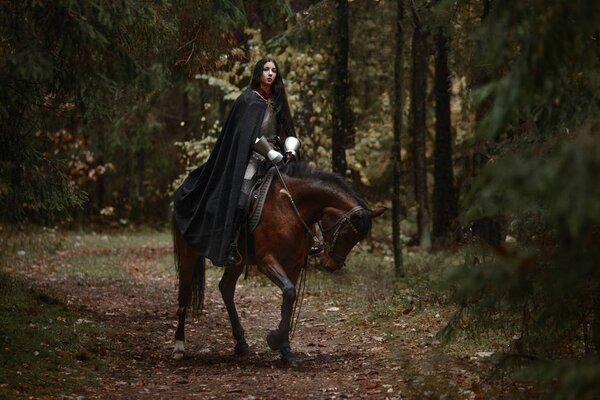 Красивая воительница с мечом в цепной почте и доспехах верхом на лошади в таинственном лесу
.