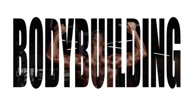 Yakışıklı adam büyük kas spor salonunda çalışma dışarı ile. Kaslı vücut egzersizleri yapıyor. Motivasyon işareti.