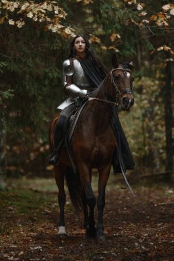 CHAINMAIL ve gizemli bir ormandaki bir binicilik zırh giyen bir kılıç ile bir güzel savaşçı kız