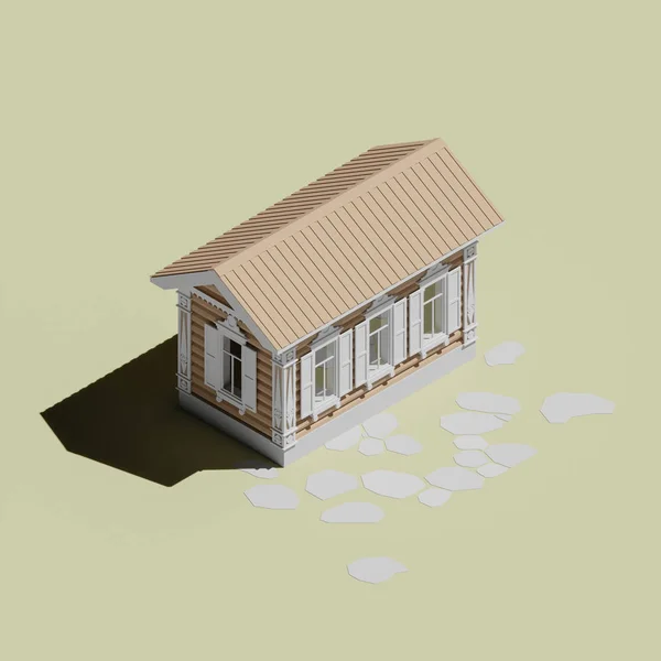 Isometric low-poly house made of timber on a plain background. 3d Render