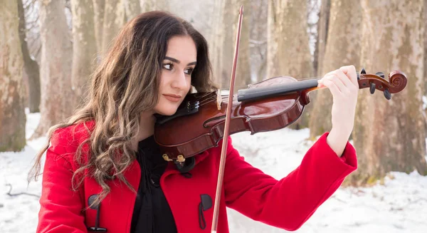 Güzel kız oyun ve bir violine ile poz