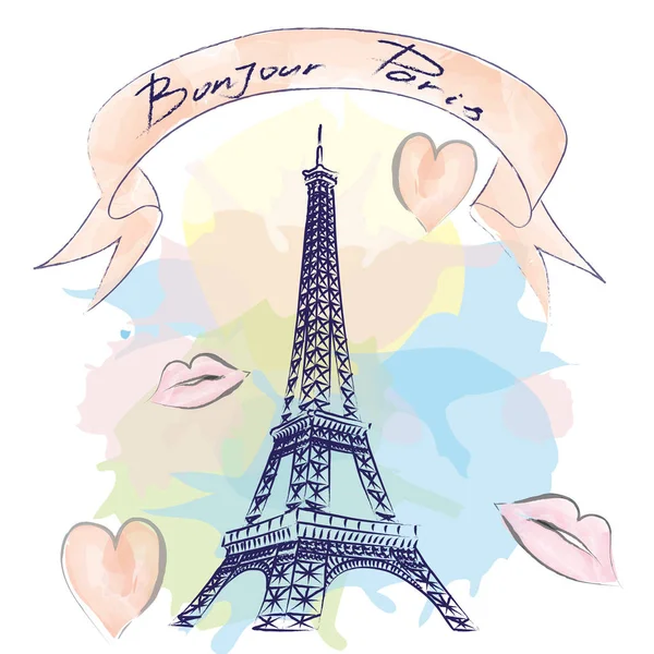 Bonjour Paris lettrage vectoriel dessiné à la main et Tour Eiffer. Lettrage moderne au pinceau calligraphie. Bonjour Paris lettrage encre. Elément design pour cartes, bannières, flyers . — Image vectorielle