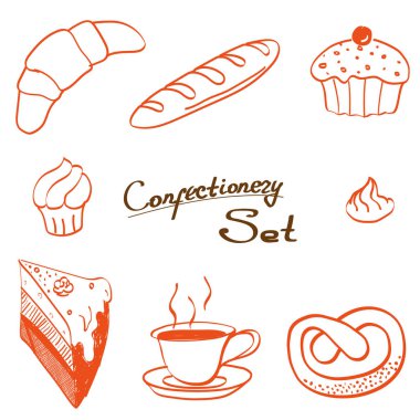 doodle vektör yiyecek. Elle çizilmiş şekerleme ürünleri ince çizgi Icons set - kek, kruvasan, kek, pasta, kahve tasarımı için.