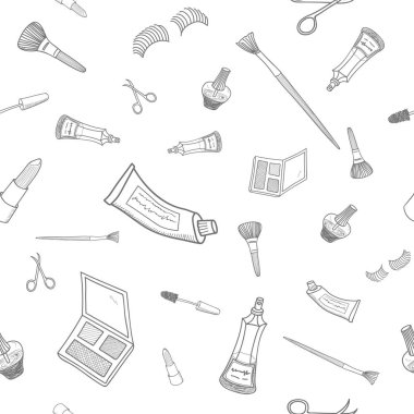 Sorunsuz doodle desen farklı makyaj araçları. İnce çizgi stili. Rujlar, ayna, tırnak cilası, parfüm, fırçalar, göz farı vektör Illustration. Elle çizilmiş kozmetik simgeler.