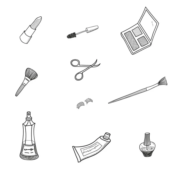 Doodle farklı makyaj araçları. İnce çizgi stilini ayarla. Rujlar, ayna, tırnak cilası, parfüm, fırçalar, göz farı vektör Illustration. Elle çizilmiş kozmetik simgeler.