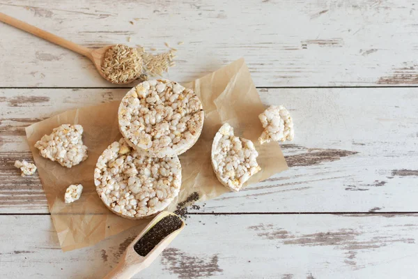 Healthy puffed rice waffles with chia seeds for diet. Rice cakes as a healthy eating concept.