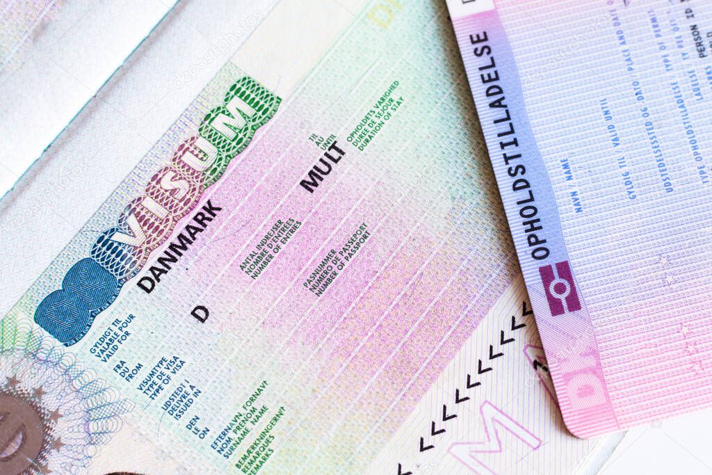 Fragment of Schengen multi entrance Denmark visa in passport close-up.