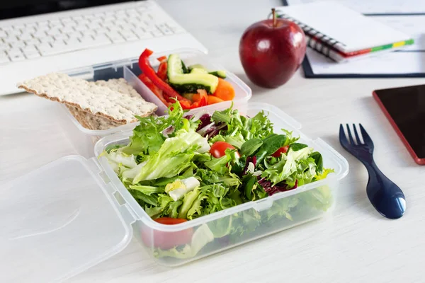 Vegetables Fresh Green Salad Lunch Box Working Desk Laptop Other — Stock Photo, Image