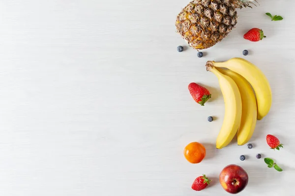 Creative Composition Different Fruits Vegetables White Wooden Table Background Top — Stock Photo, Image