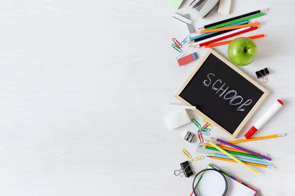 School Supplies White Wooden Table Top View Stationery Back School — Stock Photo, Image