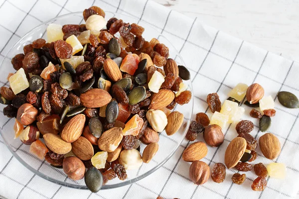 Mix Different Dried Fruits Nuts Glass Plate Closeup Super Foods — Stock Photo, Image