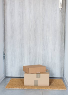 Karton kutudaki paket halının üzerine bırakılmış. Teslimat kavramı.