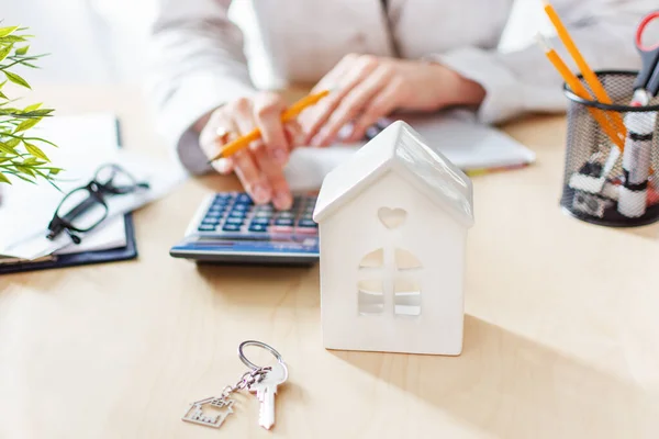 Emlakçı, ev satın almaya yatırım yapmak için vergileri ve karı hesaplıyor. Gayrimenkul piyasası. Kiralık konut.